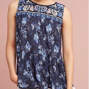Anthropologie One September Deauville Embroidered Boho Swing Top Blue Size XS